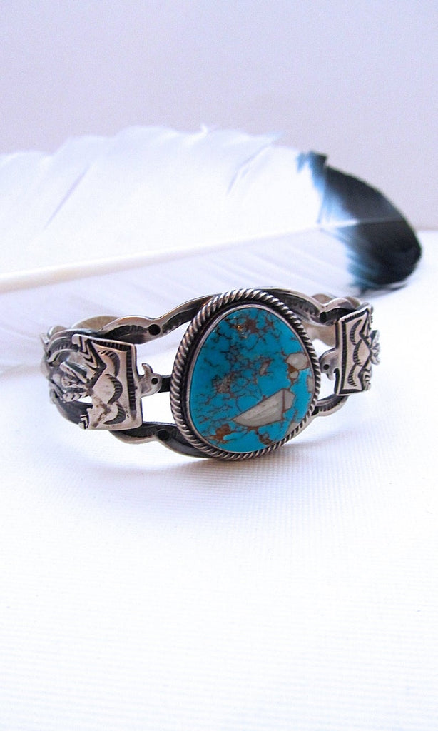 THUNDERBIRD Fred Harvey Style Silver & Turquoise Navajo Cuff