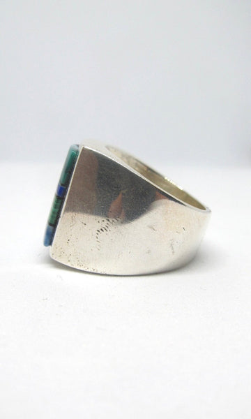 TOUCH OF SANTA FE Massive Mosaic Turquoise, Lapis, Charoite Inlay & Silver Ring, Sz 12.5