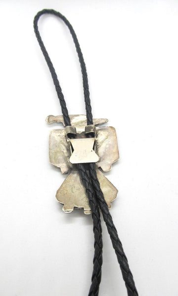 RENEWAL OF LIFE D Cellicion Zuni Peyote Bird Bolo Tie with Sterling Silver and Turquoise Jet Coral & MOP Inlay