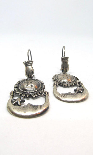CELESTIAL BEINGS Mexican Sterling Sun, Moon, & Hand Earrings by Federico Jimenez