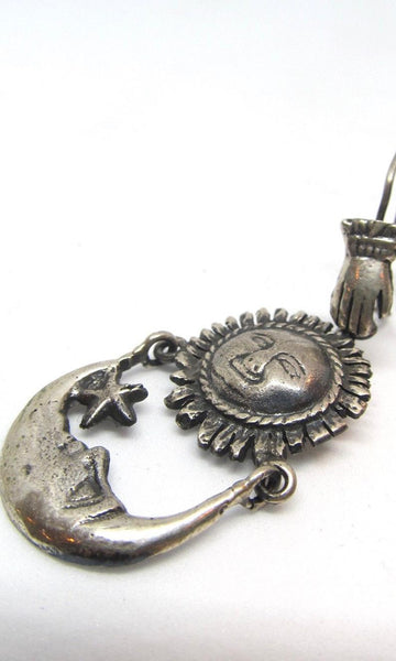 CELESTIAL BEINGS Mexican Sterling Sun, Moon, & Hand Earrings by Federico Jimenez