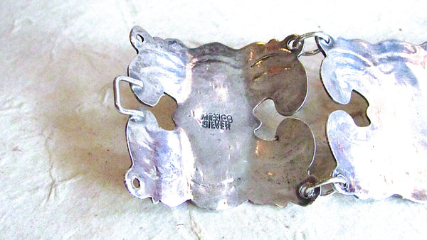 Vintage 40s Bracelet | 1940s Mexican Silver Aztec Geo Link Silver | Mexico, Signed Jewelry Mayan Southwest Boho, VlV Rockabilly