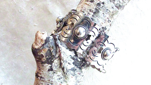 Vintage 40s Bracelet | 1940s Mexican Silver Aztec Geo Link Silver | Mexico, Signed Jewelry Mayan Southwest Boho, VlV Rockabilly