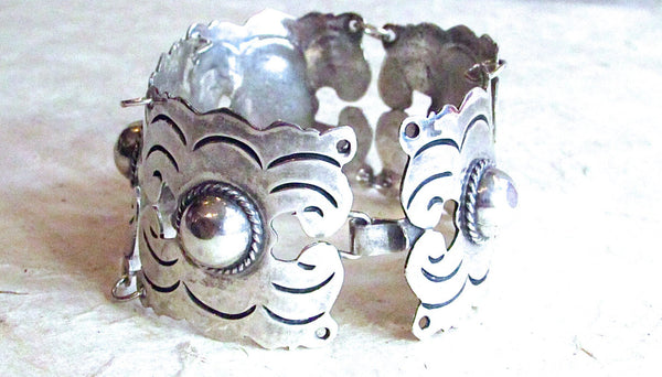 Vintage 40s Bracelet | 1940s Mexican Silver Aztec Geo Link Silver | Mexico, Signed Jewelry Mayan Southwest Boho, VlV Rockabilly