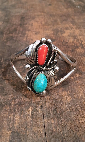 DOUBLE DECKER Coral, Turquoise, and Sterling Silver Cuff