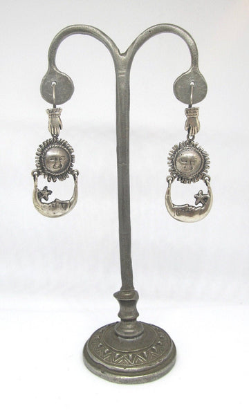 CELESTIAL BEINGS Mexican Sterling Sun, Moon, & Hand Earrings by Federico Jimenez