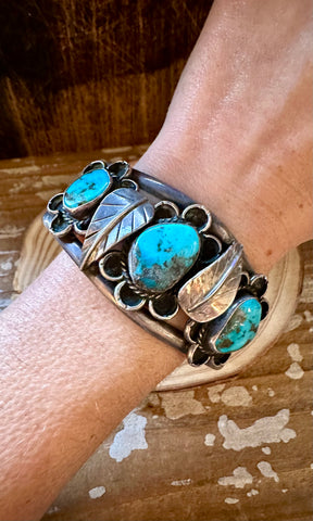 APPLIQUE FLOWER CUFF Navajo Turquoise Sterling Silver Cuff 54g