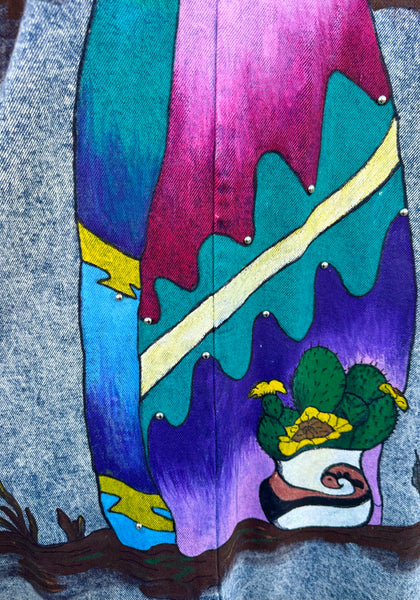 VINTAGE SUNDANCE 80s/90s Hand Painted Acid Wash Denim Duster • XL