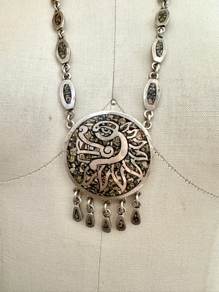 MEXICAN MEDALLION Handmade Sterling Silver & Inlayed Jasper Stone Necklace Pendant • 134g