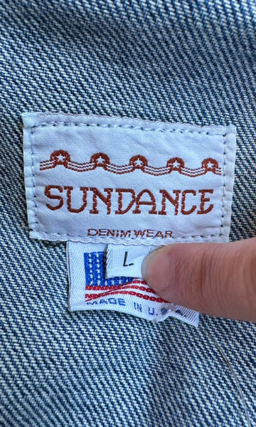 VINTAGE SUNDANCE 90s Fringe Denim Poncho Jacket • Size Large