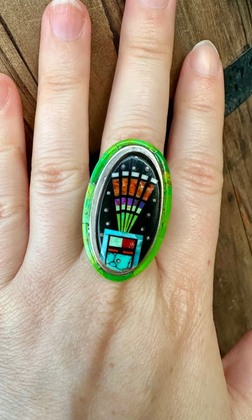 SYLVANA APACHE ZUNI Vintage Silver Pueblo Night Sky Inlay Ring JM12 • Size 10 1/2
