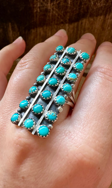 MYSTIC TURQUOISE ROWS Running Bear Sterling Silver Ring • Sizes 7.5 & 9.5