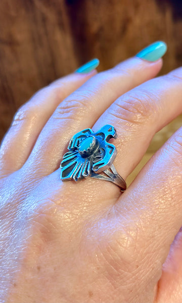 SMALL THUNDERBIRD Running Bear Navajo Turquoise and Sterling Silver Ring • Multiple Sizes