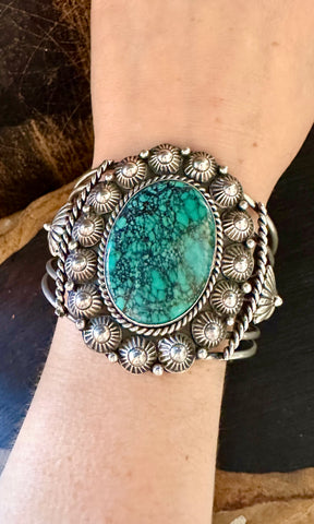 SOUTHWEST CHARMER E Richards Navajo Hogan Beads Silver & Turquoise Cuff