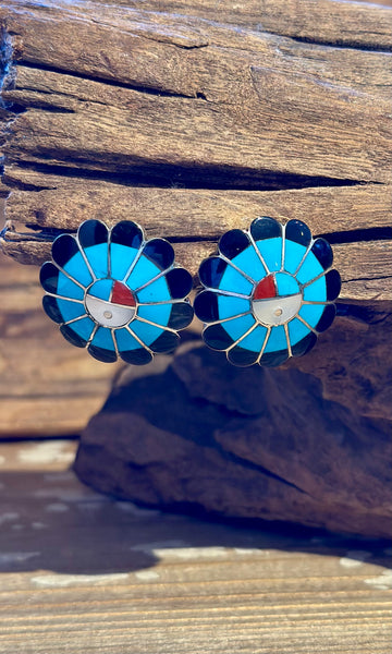 FREDERICK & DENISE SUITZA Zuni Sun Face Stud Earrings 26E07