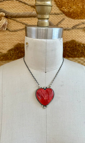 ALFRED MARTINEZ Navajo Handmade Sterling Silver & Spiny Oyster Heart Necklace Pendant • 30g