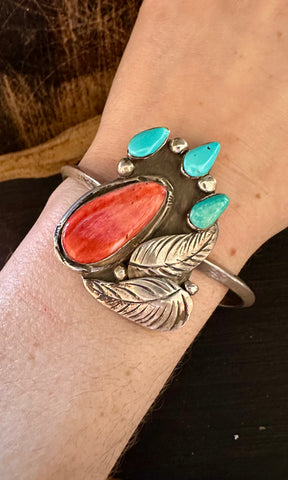 SUMMER BREEZE 70s Sterling Silver Spiny Oyster Turquoise Cuff • 26g