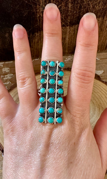 MYSTIC TURQUOISE ROWS Running Bear Sterling Silver Ring • Sizes 7.5 & 9.5