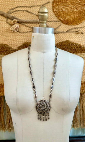MEXICAN MEDALLION Handmade Sterling Silver & Inlayed Jasper Stone Necklace Pendant • 134g