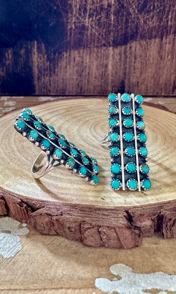 MYSTIC TURQUOISE ROWS Running Bear Sterling Silver Ring • Sizes 7.5 & 9.5