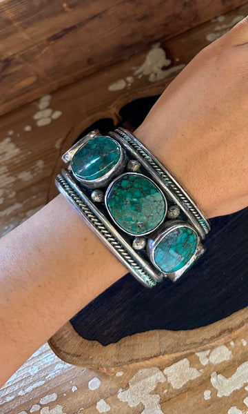 TURQUOISE TIDES Vintage Turquoise and Sterling Silver Cuff • 192g