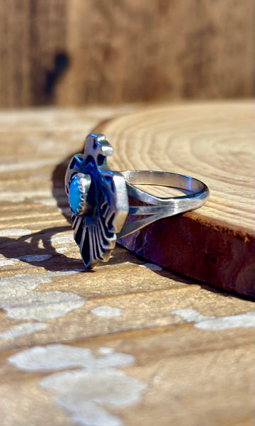 SMALL THUNDERBIRD Running Bear Navajo Turquoise and Sterling Silver Ring • Multiple Sizes