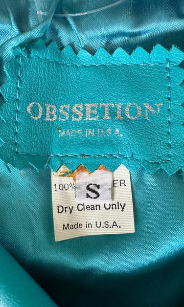 OBSSETION PEPLUM Aqua Leather Vintage 80's Peacoat Jacket • Women's Small