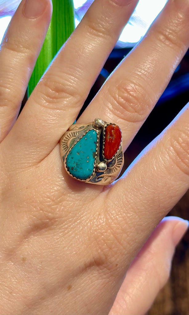 A STONES THROW Turquoise & Coral Sterling Silver Mens Ring • Size 9 1/2