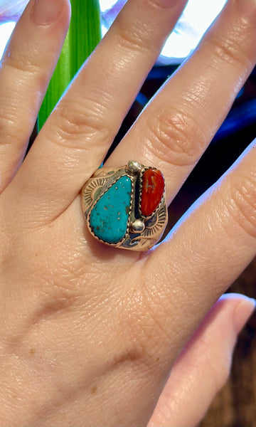 A STONES THROW Turquoise & Coral Sterling Silver Mens Ring • Size 9 1/2