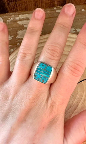 OPEN OCEAN Turquoise & Sterling Silver Native American Inlay Mens Ring • Size 11