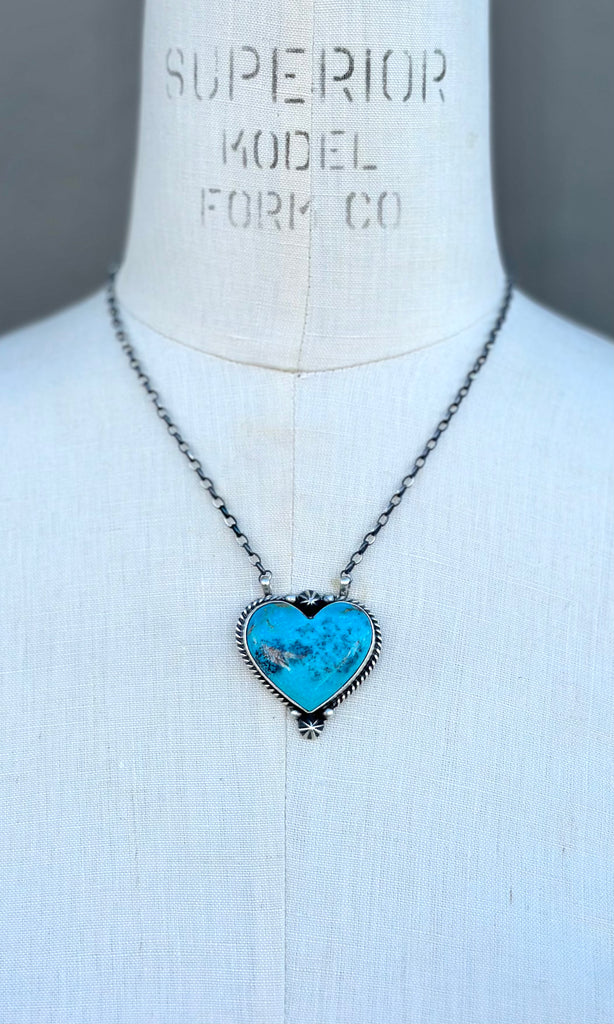 JOHNNY DIXON Navajo Silver & Kingman Turquoise Heart Necklace
