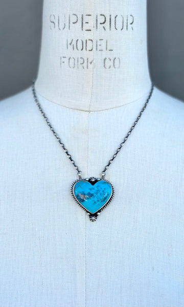 JOHNNY DIXON Navajo Silver & Kingman Turquoise Heart Necklace