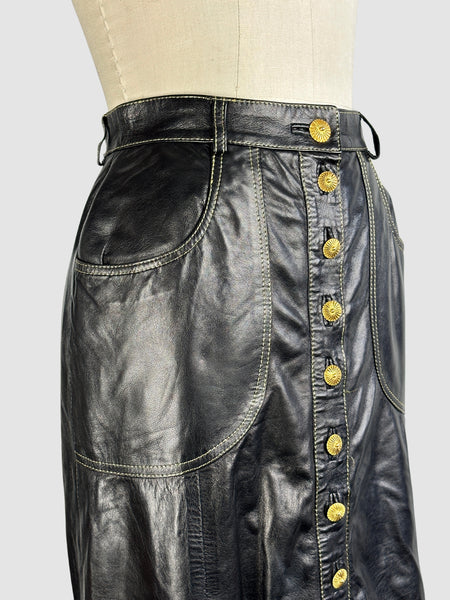 ROBERTO CAVALLI 90s Black Leather Midi Skirt • Small