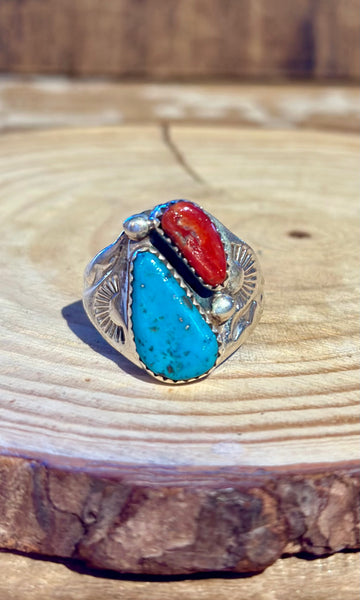 A STONES THROW Turquoise & Coral Sterling Silver Mens Ring • Size 9 1/2
