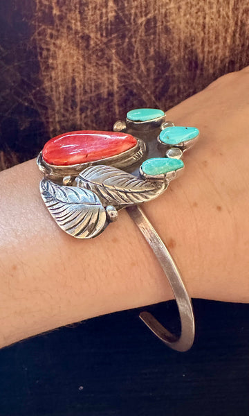 SUMMER BREEZE 70s Sterling Silver Spiny Oyster Turquoise Cuff • 26g
