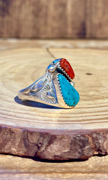 A STONES THROW Turquoise & Coral Sterling Silver Mens Ring • Size 9 1/2