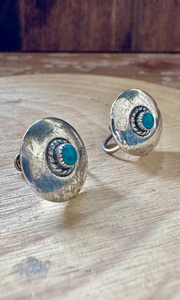 VINTAGE UFO'S TURQUOISE Sterling Silver Screw Back Earrings