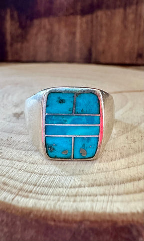 OPEN OCEAN Turquoise & Sterling Silver Native American Inlay Ring Mens • Size 11 & 12