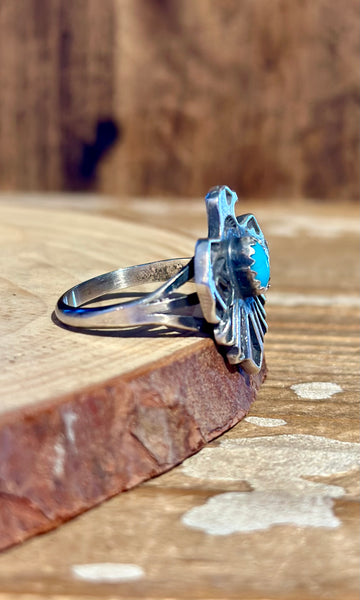 SMALL THUNDERBIRD Running Bear Navajo Turquoise and Sterling Silver Ring • Multiple Sizes