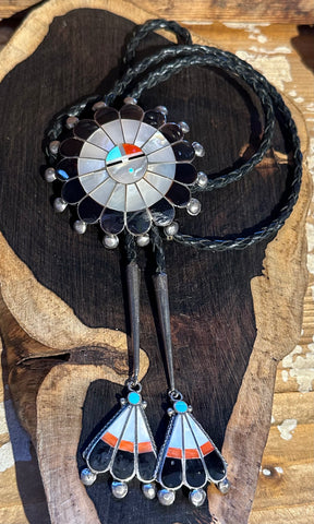RUTH LONJOSE ZUNI Sun Face Multi-Stone Inlay Bolo Tie w/ Leather Cord JM22