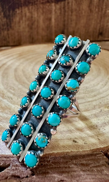 MYSTIC TURQUOISE ROWS Running Bear Sterling Silver Ring • Sizes 7.5 & 9.5