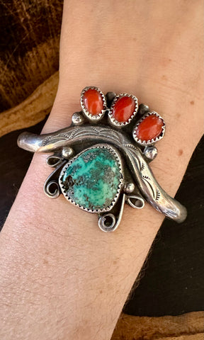 ROYAL CROWN 70s Sterling Silver Coral Turquoise Cuff • 24g