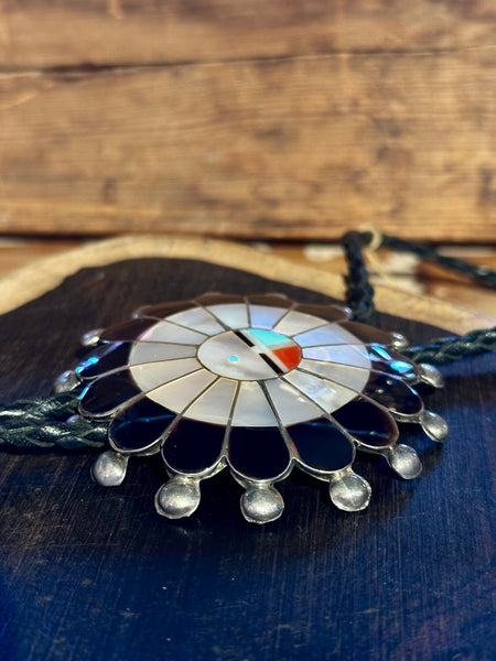 RUTH LONJOSE ZUNI Sun Face Multi-Stone Inlay Bolo Tie w/ Leather Cord JM22