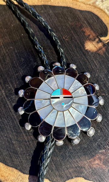 RUTH LONJOSE ZUNI Sun Face Multi-Stone Inlay Bolo Tie w/ Leather Cord JM22