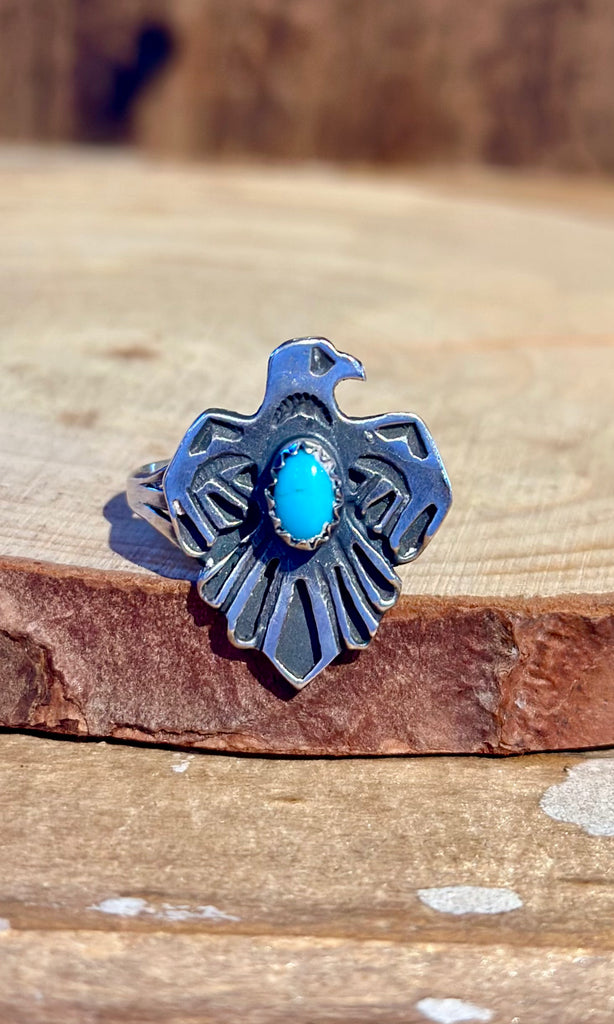 SMALL THUNDERBIRD Running Bear Navajo Turquoise and Sterling Silver Ring • Multiple Sizes