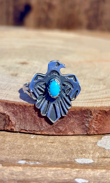 SMALL THUNDERBIRD Running Bear Navajo Turquoise and Sterling Silver Ring • Multiple Sizes