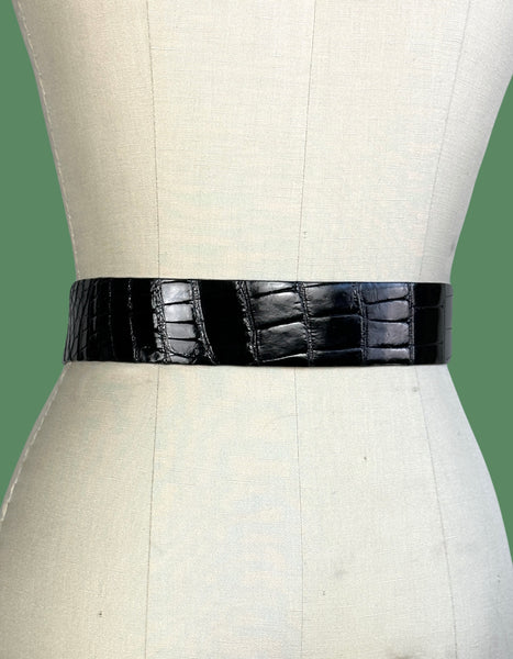KLEINBERG SHERRILL 90s Black Alligator Belt With Gold Tone Buckle • Small