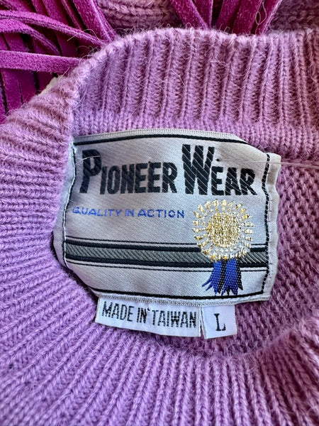 VINTAGE PIONEER WEAR Leather Fringe 80's Purple Sweater • Large