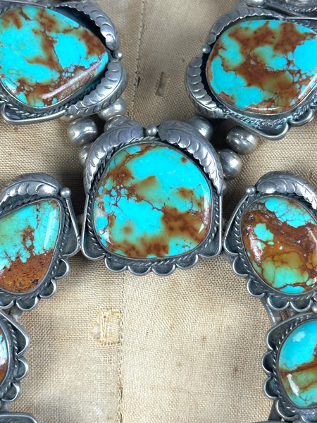 SQUASH BLOSSOM Large Royston Turquoise & Silver Necklace