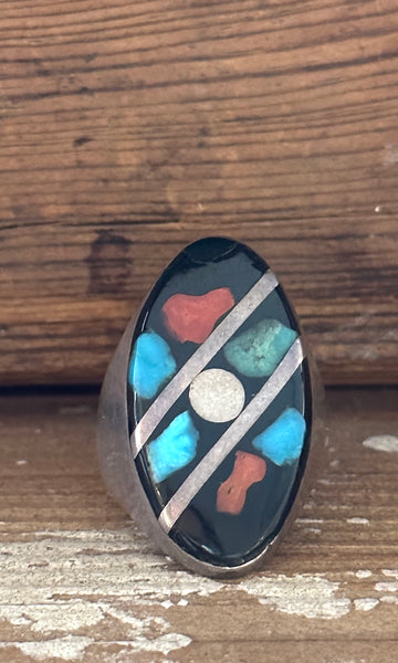 GRAPHIC SHAPES 70s Native American  Silver Multi-Stone Inlay Ring • Size 10